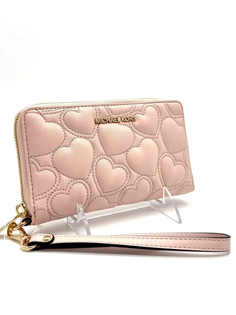 Michael Kors Large Quilted Heart Flat MF Phone Case Wallet Powder Blush